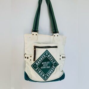 Barnes & Noble “World's Best Book Bag” Tote Shoulder White & Green Heavy Canvas